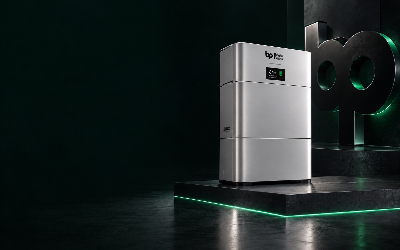 Bright Power silver battery with centred digital display, standing on a concrete plinth beside a sculptural steel bp emblem. Brand concept render.